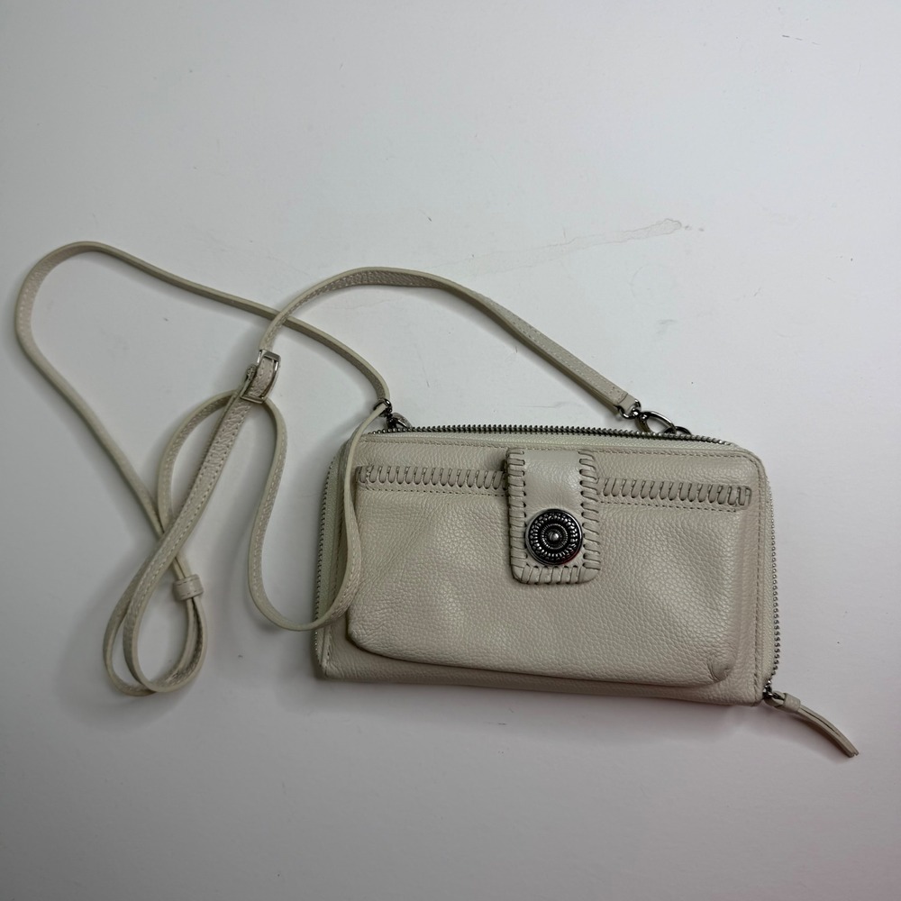 Brighton Off White Pebbled Leather Whipstitch Crossbody Wallet Organizer Purse